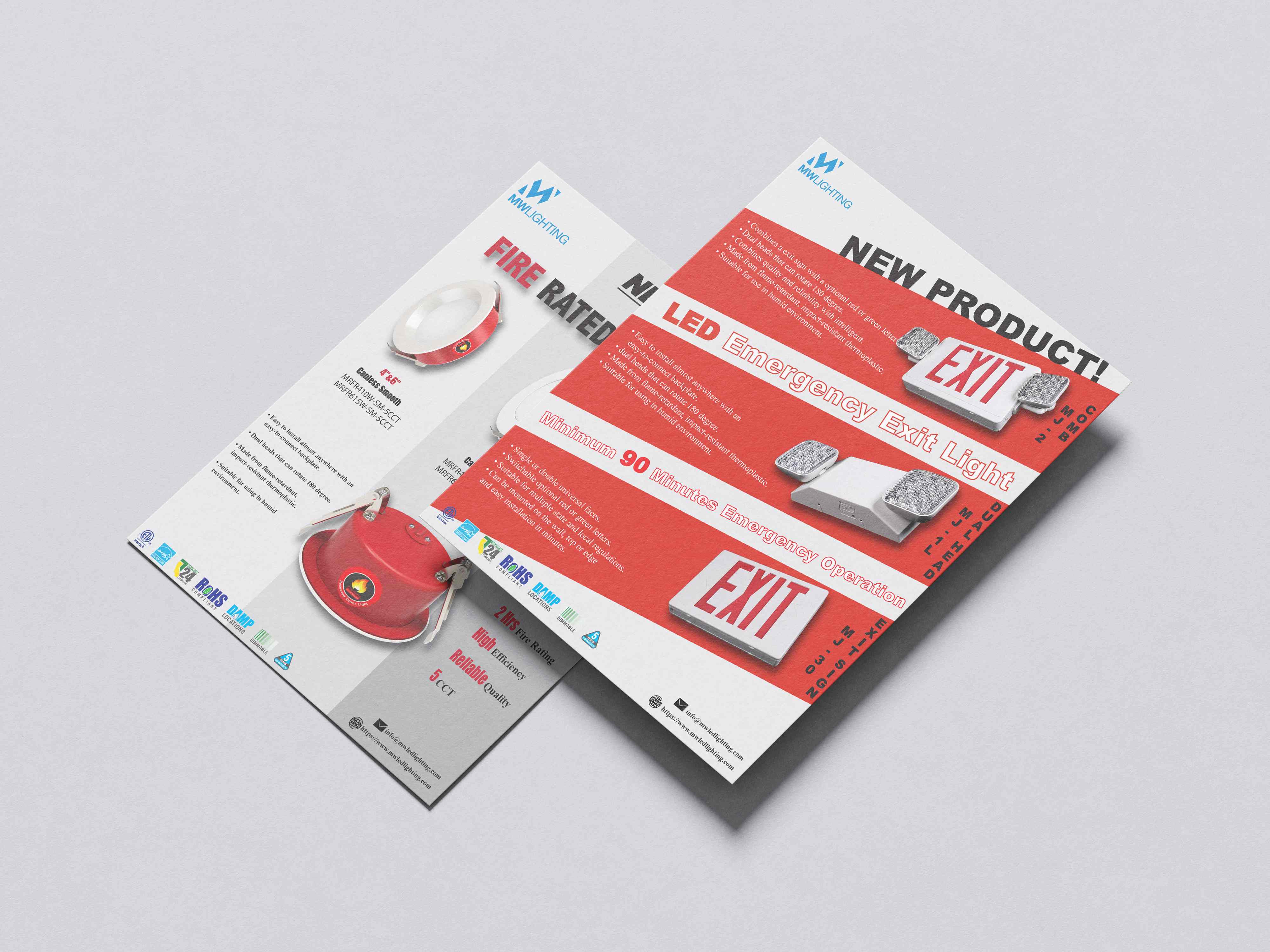 MW Lighting Fire Rated downlight and LED Emergency Exit Light flyers overlapping