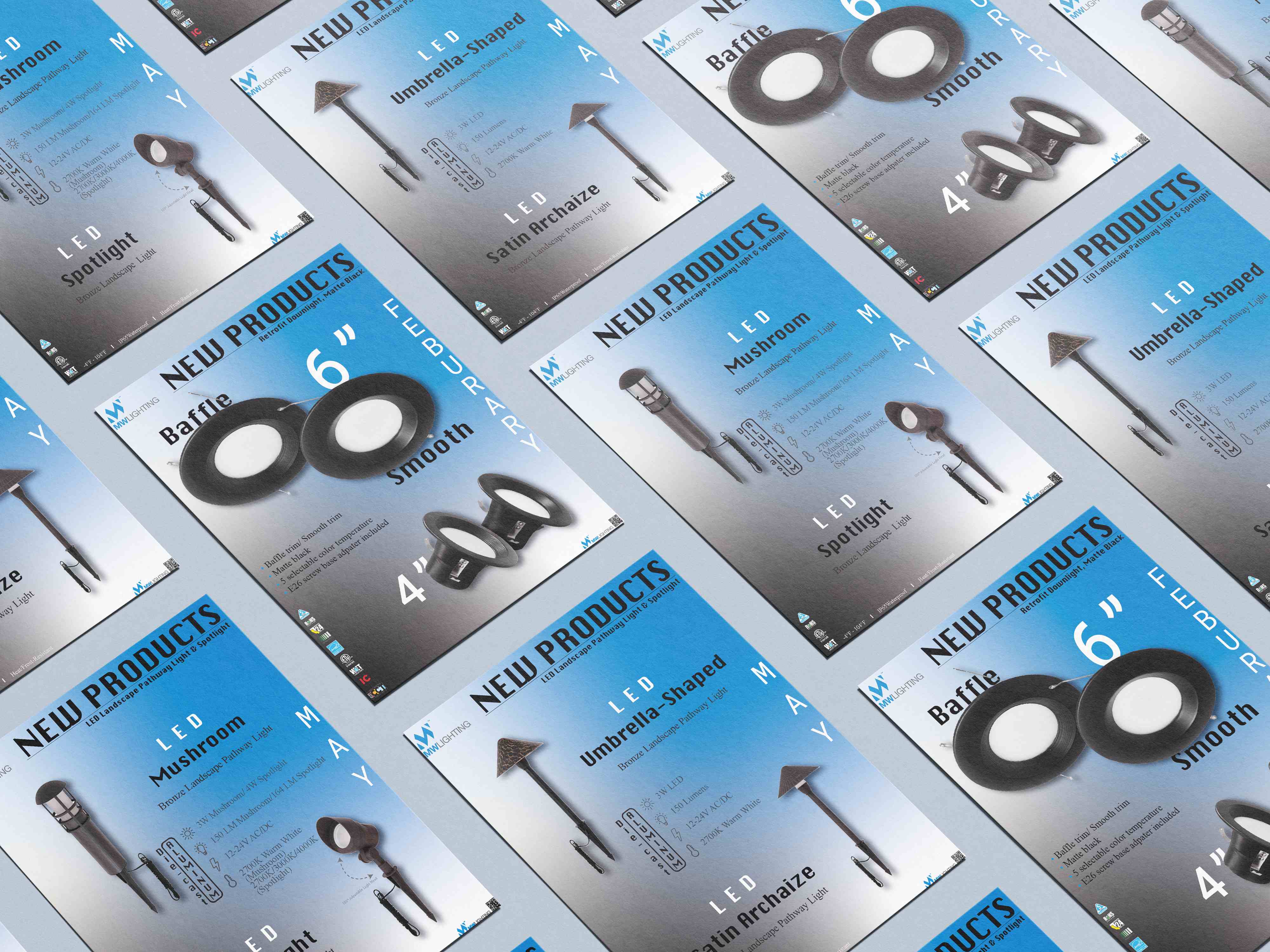 MW Lighting New Products landscape pathway light and retrofit downlight flyers tiled in perspective