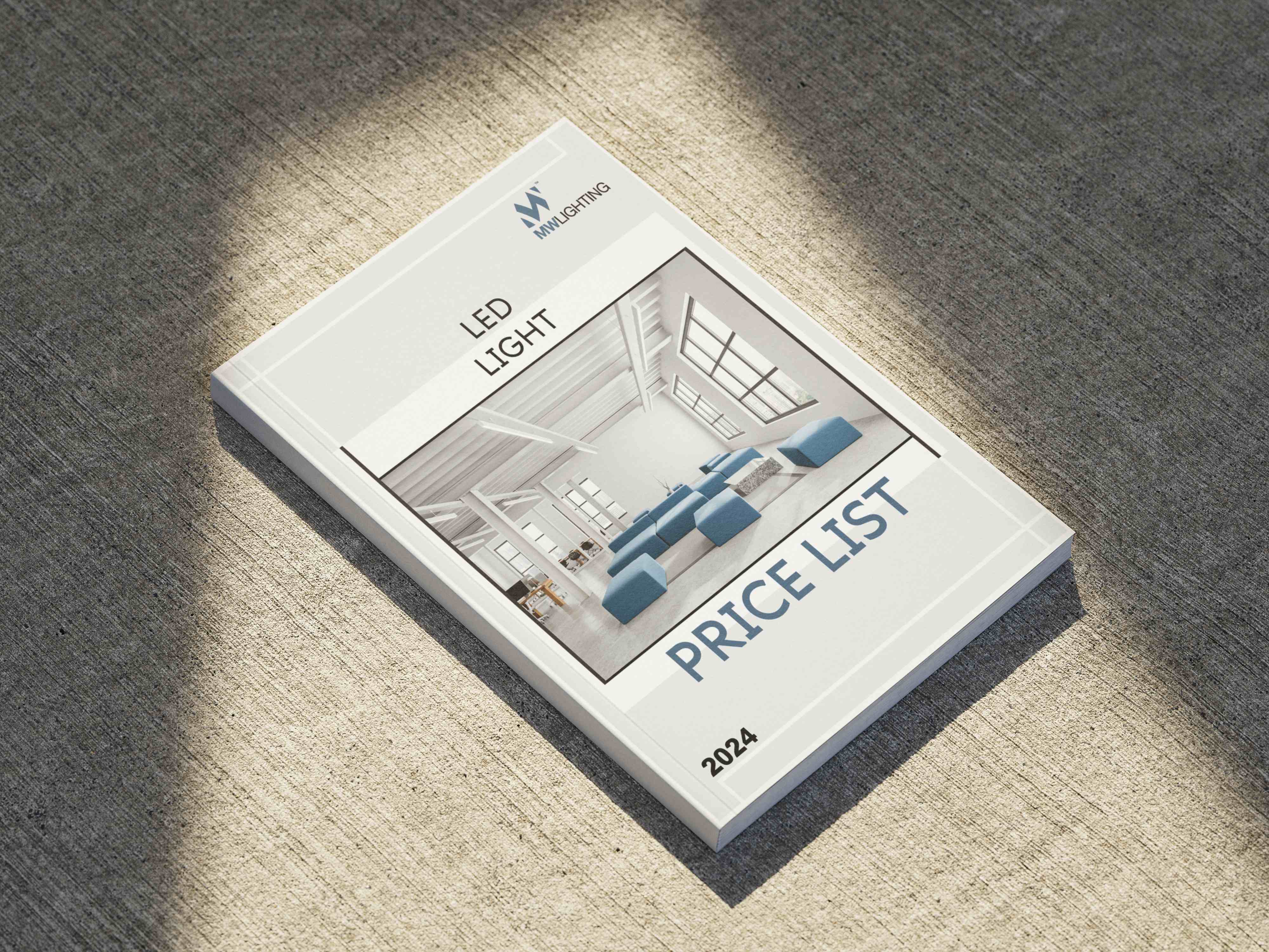 MW Lighting 2024 LED Light price list book cover on a sunlit concrete surface